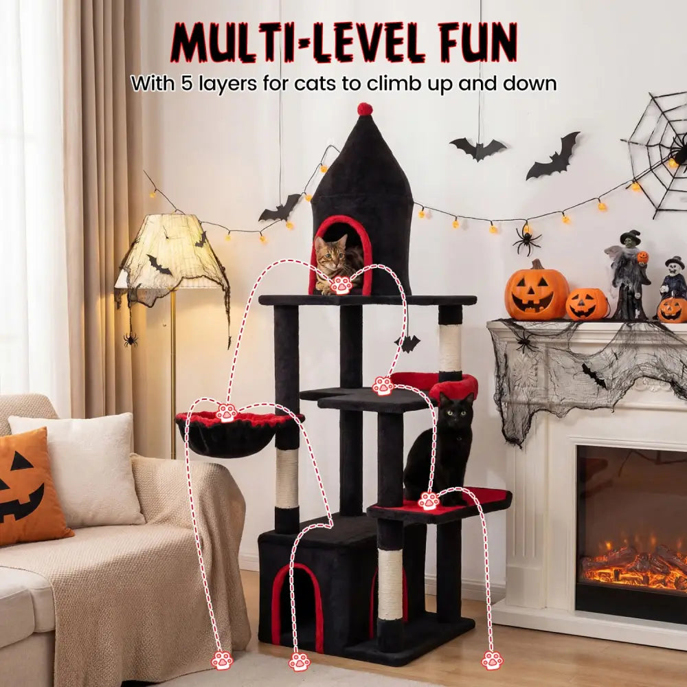 63 Inch Gothic Cat Tree with Condo and Top Cave for Large Cats 20+ LBS-Black - Black - Cat Trees Condos & Scratchers