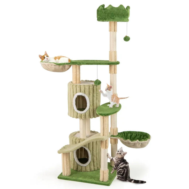 63 Inch Multi - Level Aesthetic Stripped Kitten Tower with 2 Condos - Green - Oasis Home Essentials