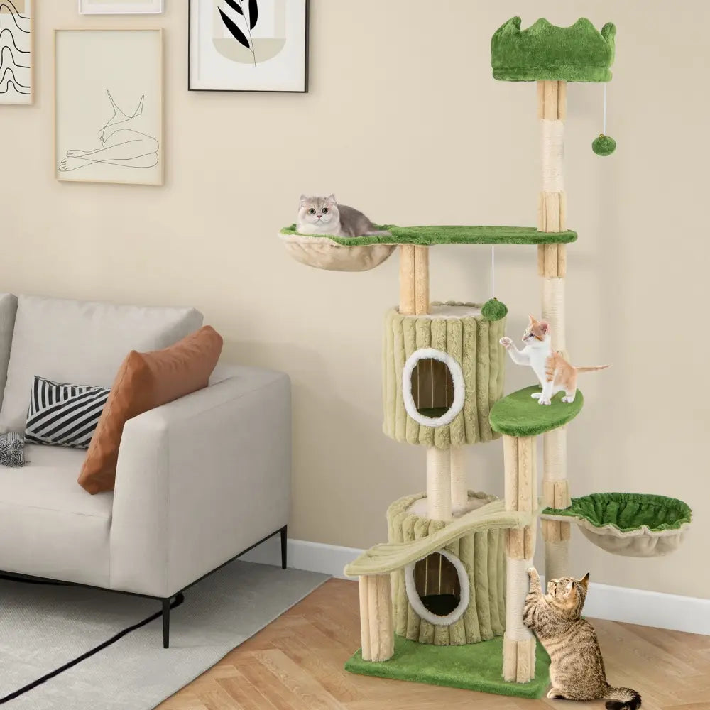 63 Inch Multi-Level Aesthetic Stripped Kitten Tower with 2 Condos-Green - Green - Cat Trees Condos & Scratchers