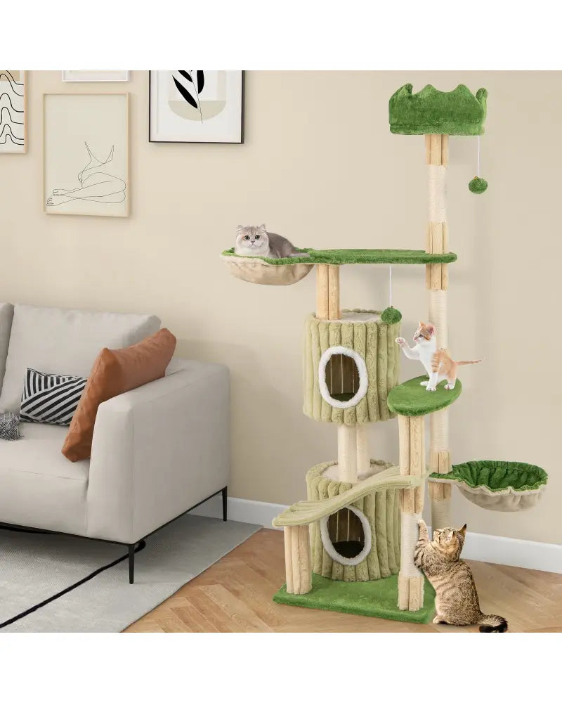 63 Inch Multi-Level Aesthetic Stripped Kitten Tower with 2 Condos-Green - Green - Cat Trees Condos & Scratchers