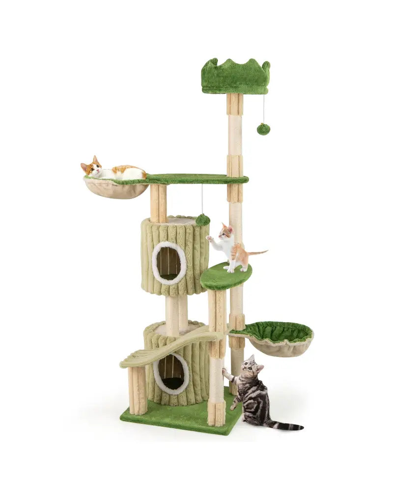 63 Inch Multi-Level Aesthetic Stripped Kitten Tower with 2 Condos-Green - Green - Cat Trees Condos & Scratchers