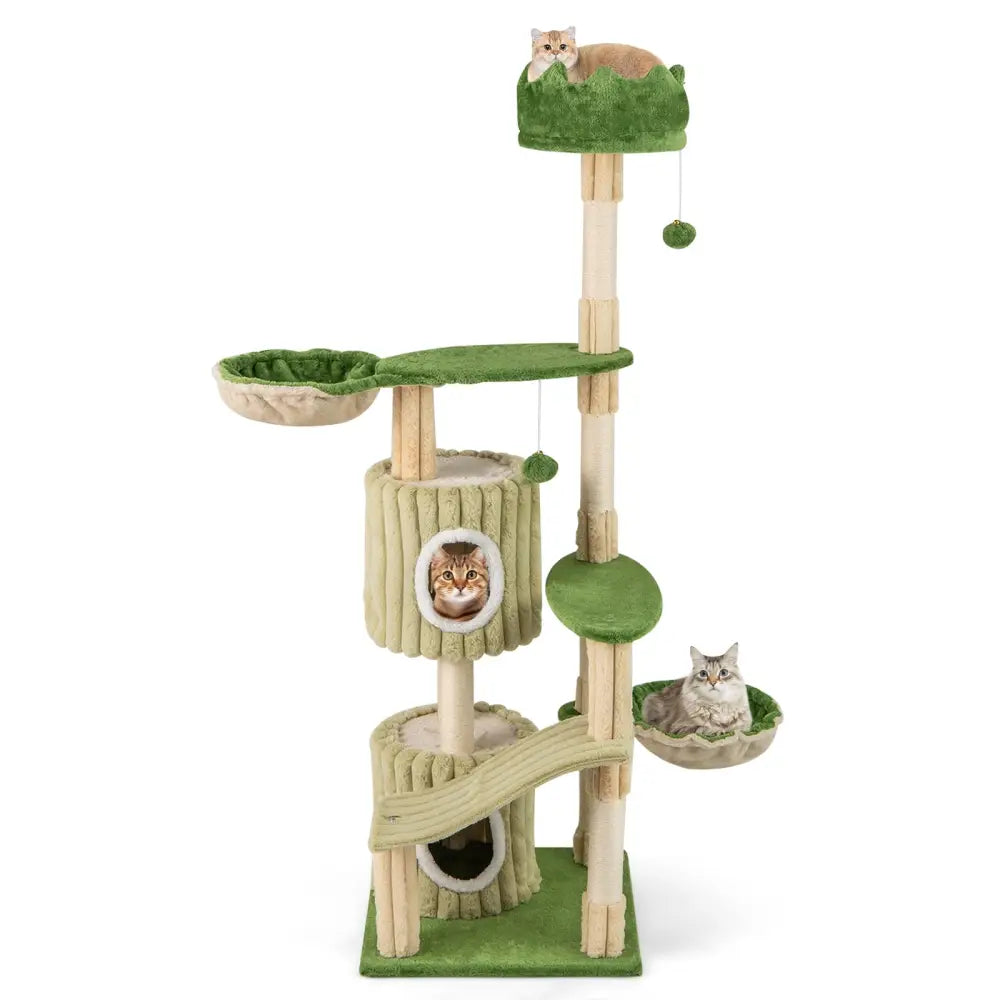 63 Inch Multi-Level Aesthetic Stripped Kitten Tower with 2 Condos-Green - Green - Cat Trees Condos & Scratchers