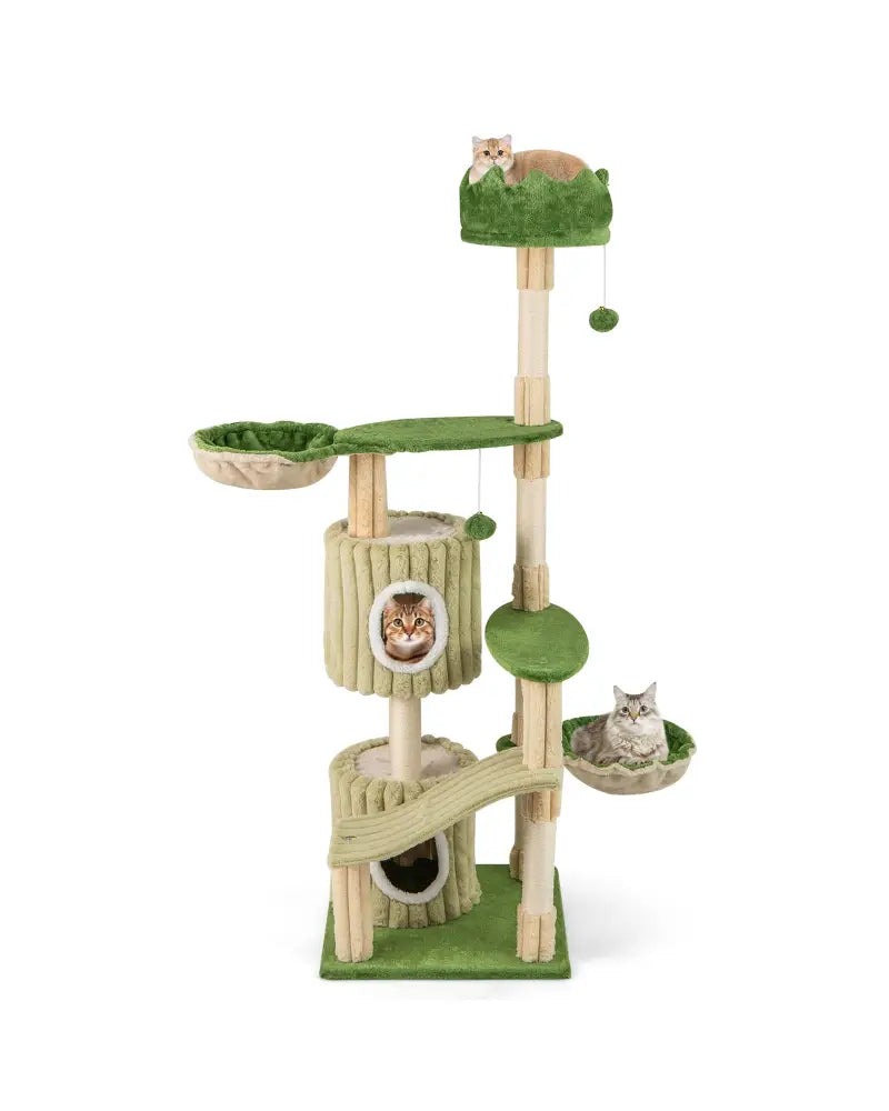 63 Inch Multi-Level Aesthetic Stripped Kitten Tower with 2 Condos-Green - Green - Cat Trees Condos & Scratchers
