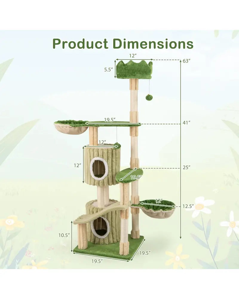 63 Inch Multi-Level Aesthetic Stripped Kitten Tower with 2 Condos-Green - Green - Cat Trees Condos & Scratchers