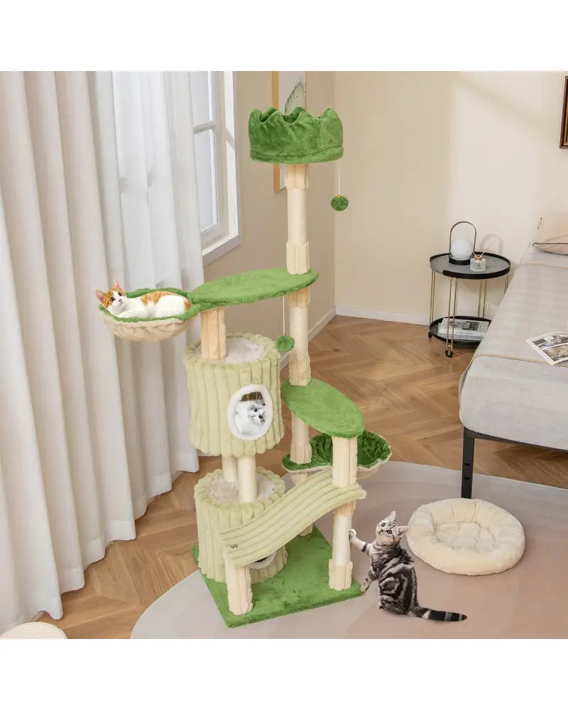 63 Inch Multi-Level Aesthetic Stripped Kitten Tower with 2 Condos-Green - Green - Cat Trees Condos & Scratchers