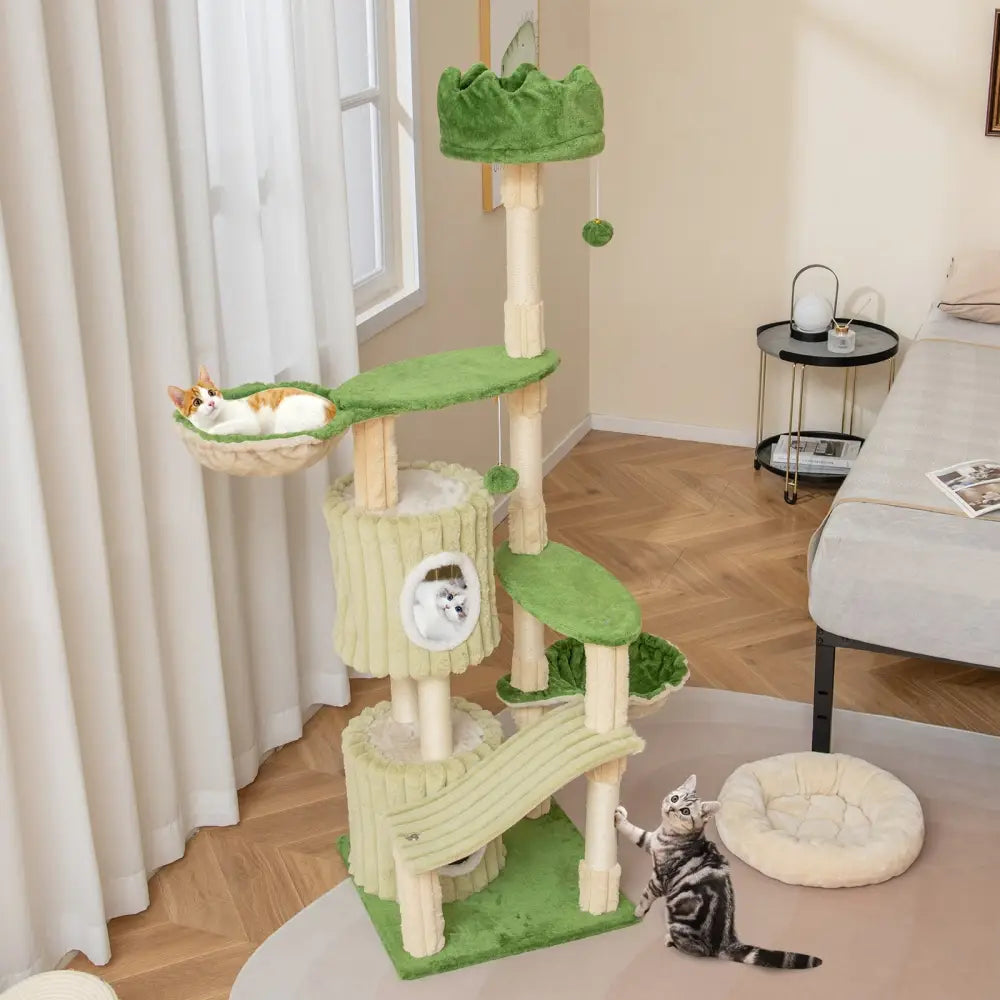63 Inch Multi-Level Aesthetic Stripped Kitten Tower with 2 Condos-Green - Green - Cat Trees Condos & Scratchers