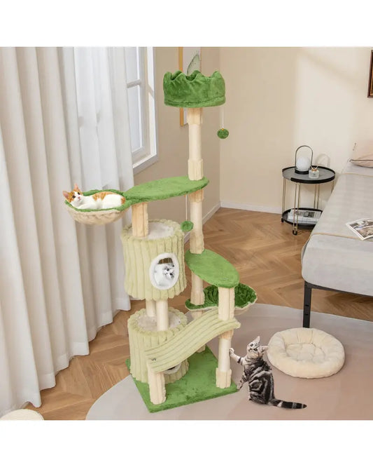 63 Inch Multi-Level Aesthetic Stripped Kitten Tower with 2 Condos-Green - Green - Cat Trees Condos & Scratchers