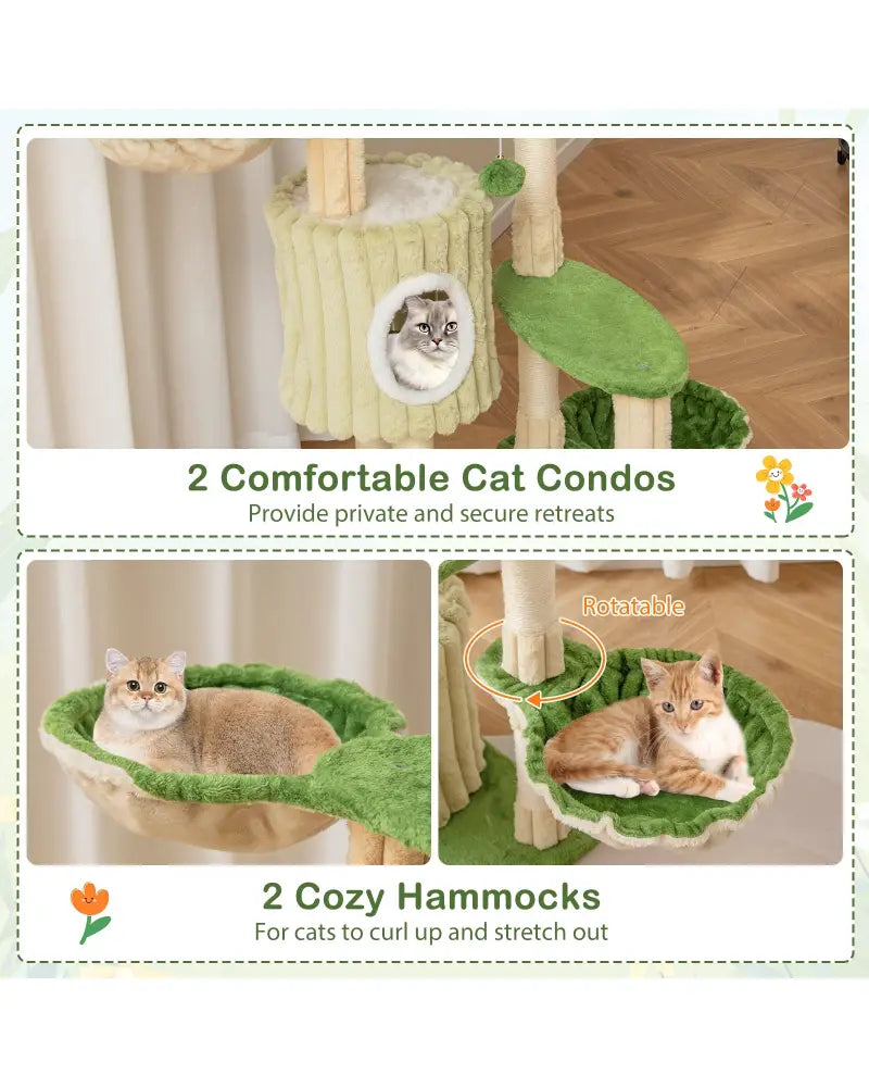63 Inch Multi-Level Aesthetic Stripped Kitten Tower with 2 Condos-Green - Green - Cat Trees Condos & Scratchers