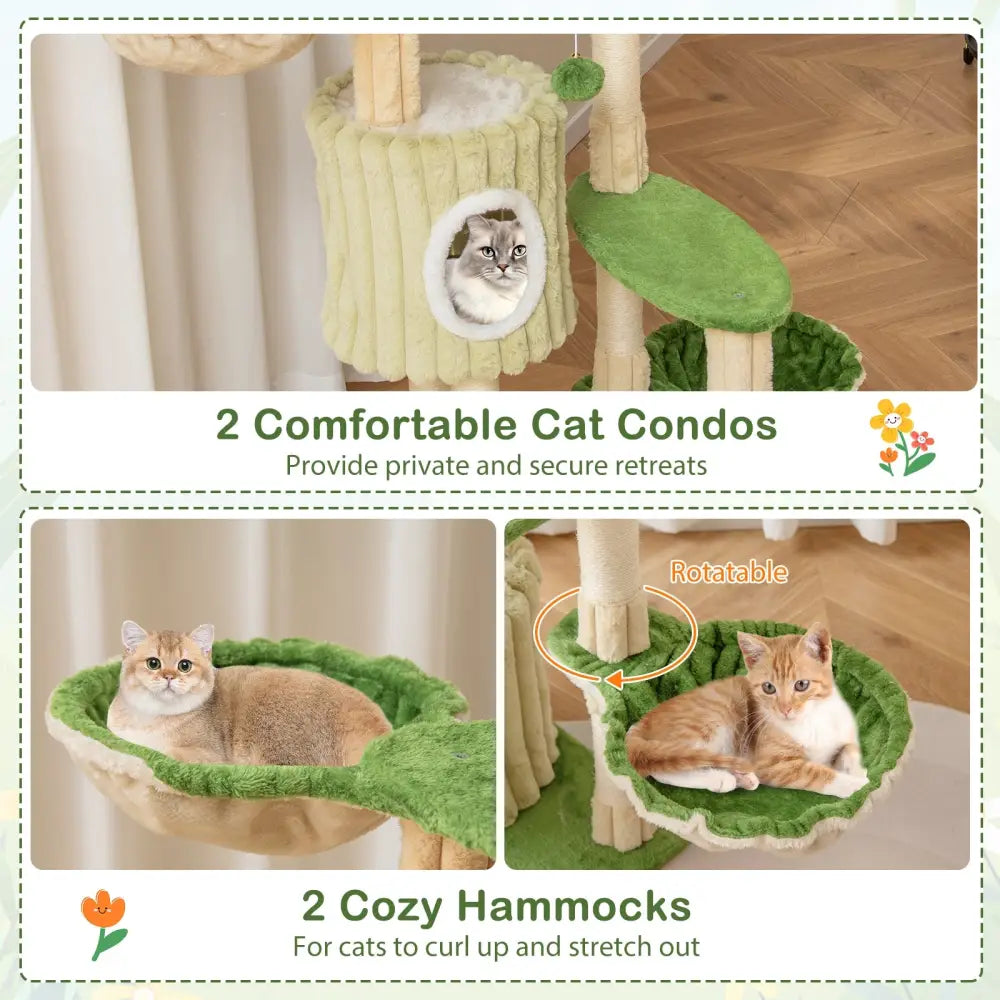 63 Inch Multi-Level Aesthetic Stripped Kitten Tower with 2 Condos-Green - Green - Cat Trees Condos & Scratchers