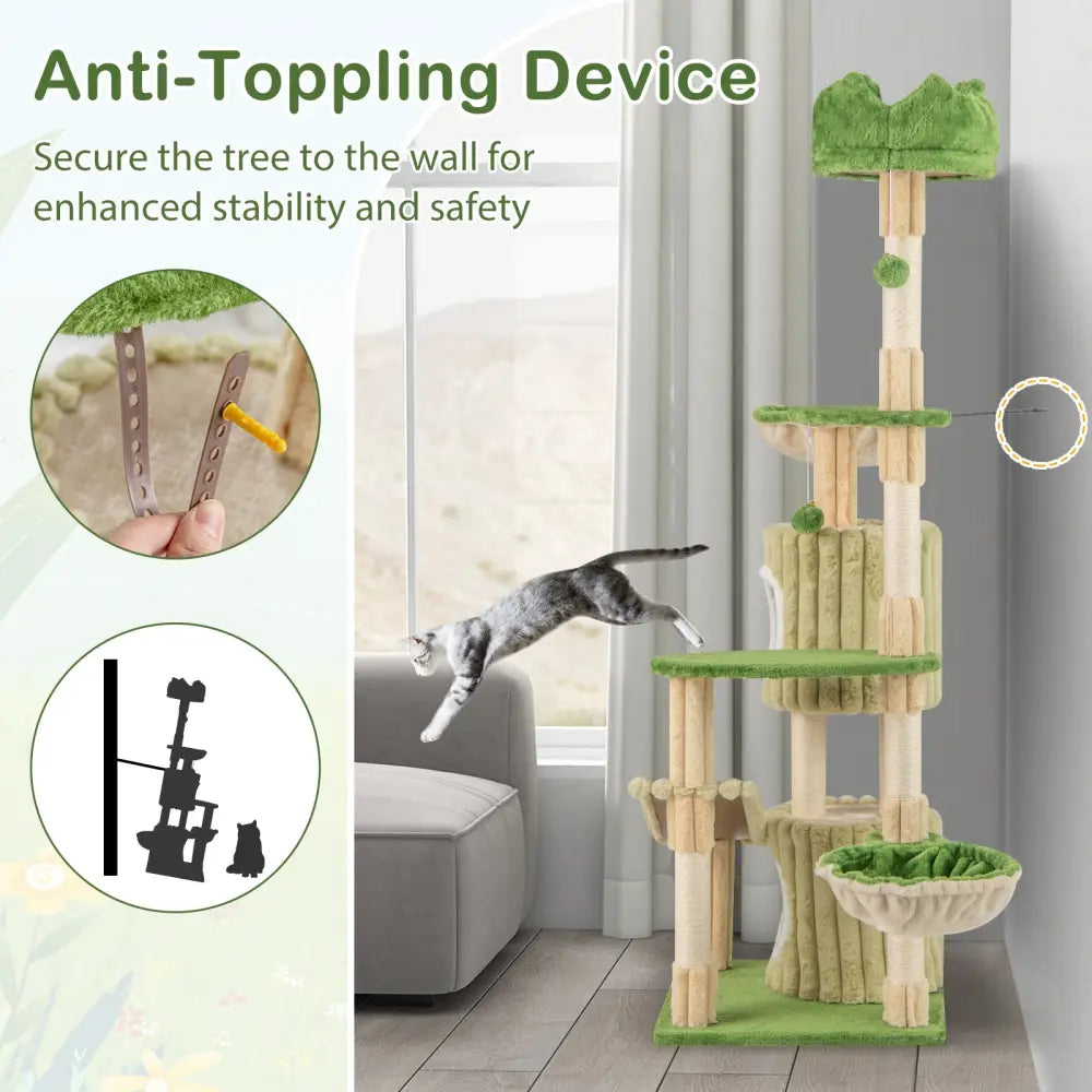 63 Inch Multi-Level Aesthetic Stripped Kitten Tower with 2 Condos-Green - Green - Cat Trees Condos & Scratchers