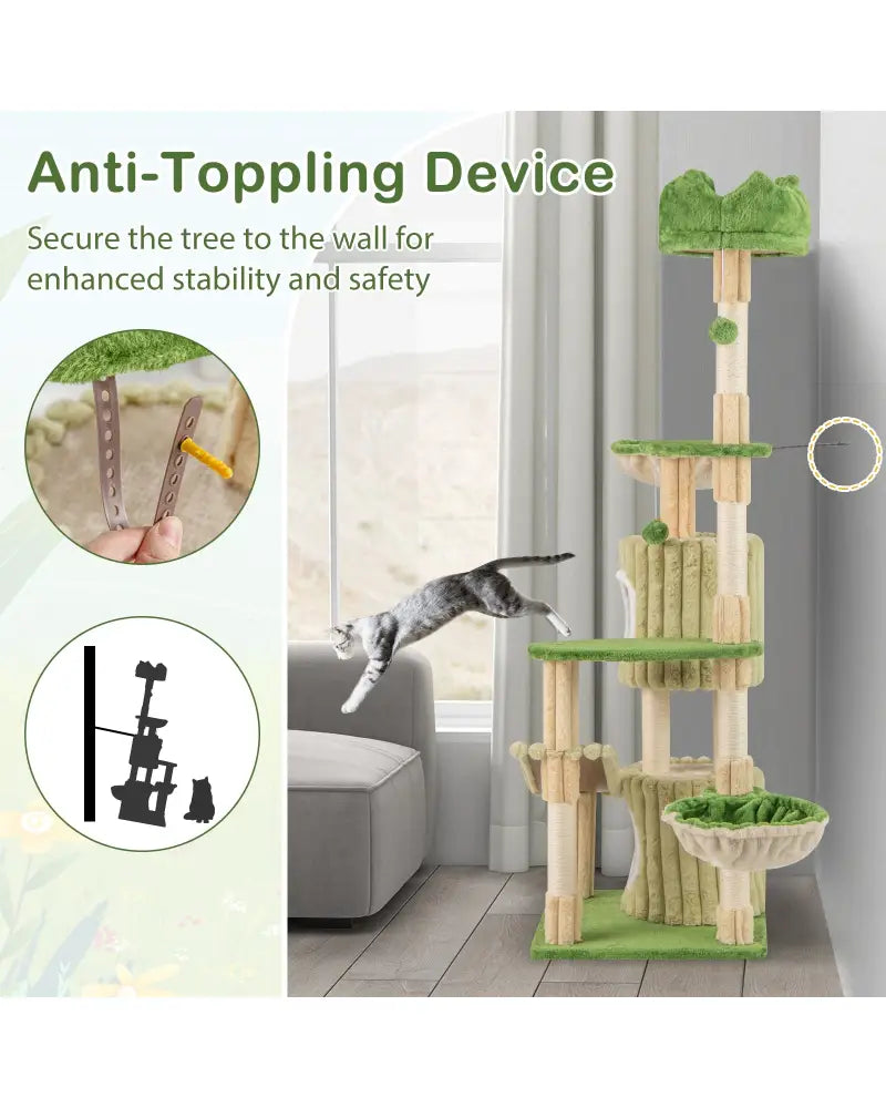 63 Inch Multi-Level Aesthetic Stripped Kitten Tower with 2 Condos-Green - Green - Cat Trees Condos & Scratchers