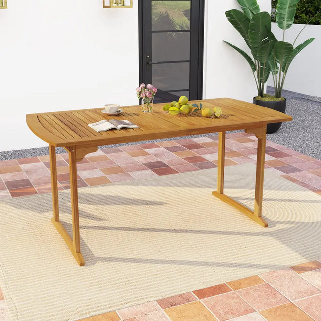63 inch Outdoor Dining Table with Umbrella Hole and Slatted Tabletop - Natural - Patio Tables