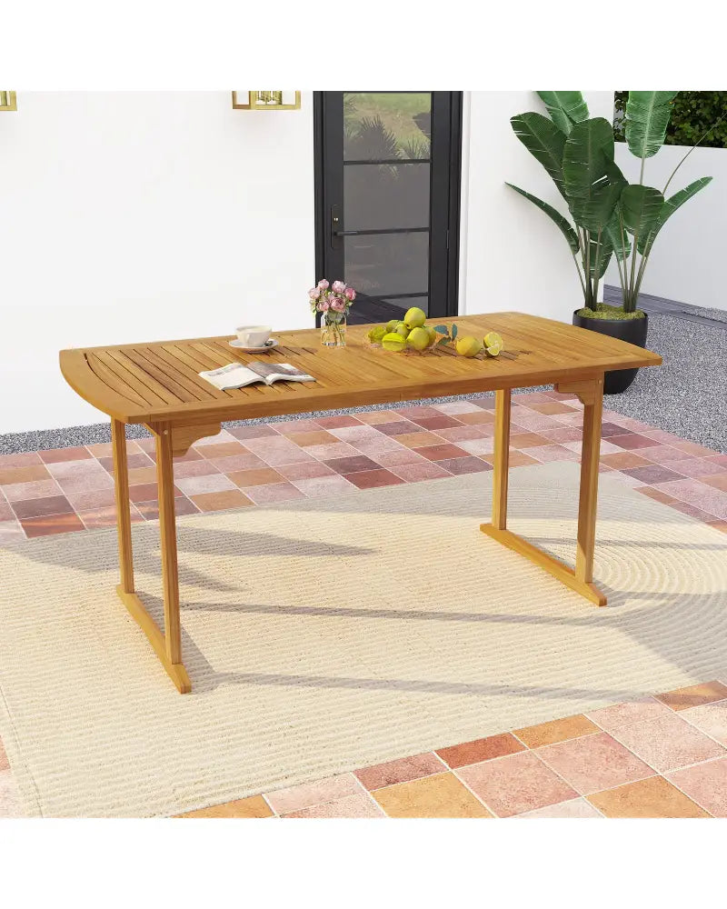 63 inch Outdoor Dining Table with Umbrella Hole and Slatted Tabletop - Natural - Patio Tables