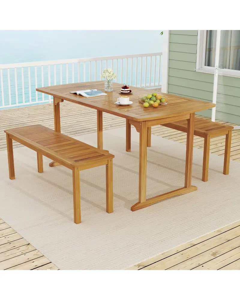 63 inch Outdoor Dining Table with Umbrella Hole and Slatted Tabletop - Natural - Patio Tables