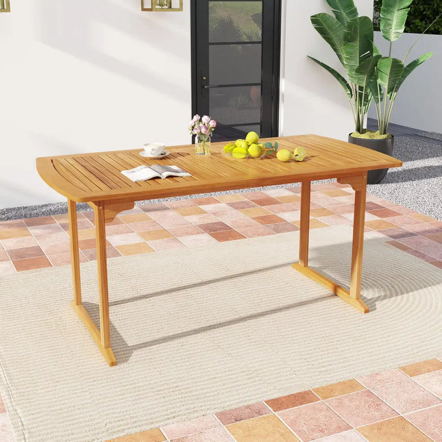 63 inch Outdoor Dining Table with Umbrella Hole and Slatted Tabletop - Natural - Patio Tables