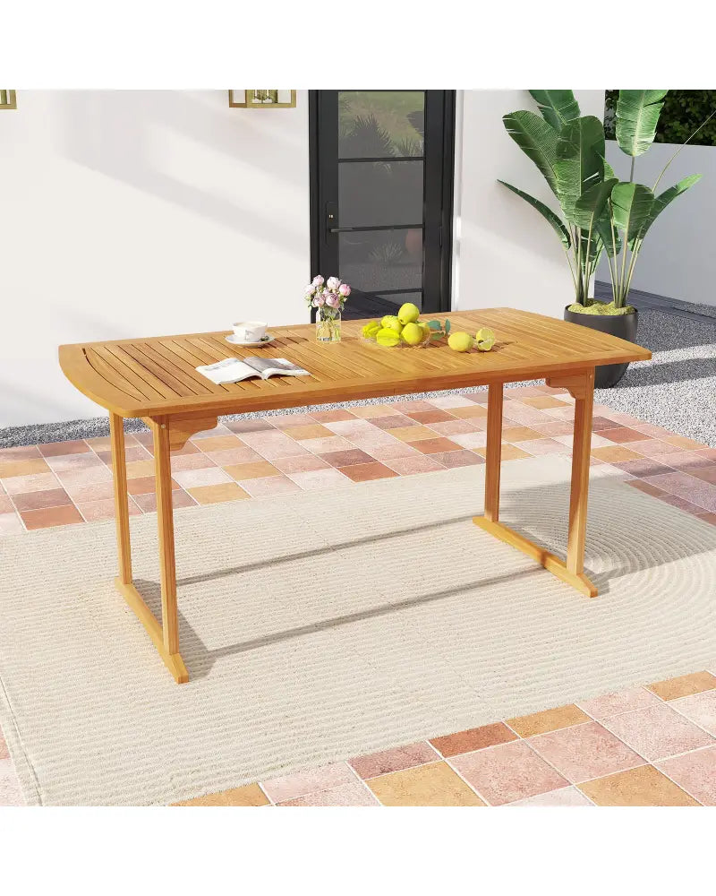 63 inch Outdoor Dining Table with Umbrella Hole and Slatted Tabletop - Natural - Patio Tables