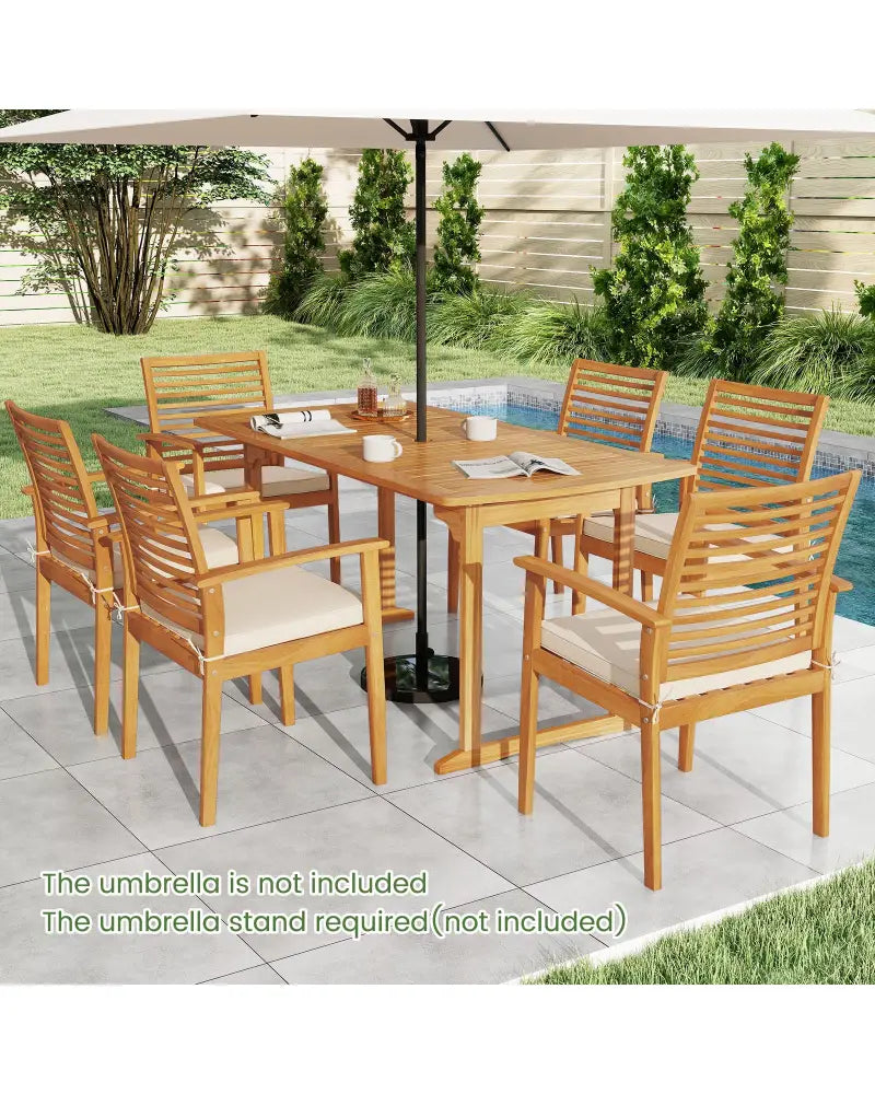 63 inch Outdoor Dining Table with Umbrella Hole and Slatted Tabletop - Natural - Patio Tables