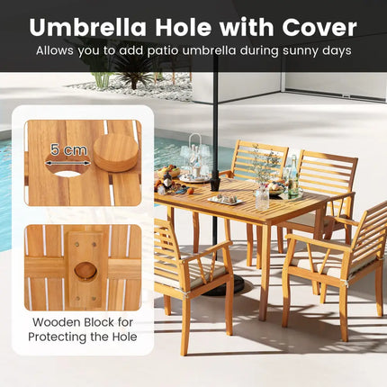 63 inch Outdoor Dining Table with Umbrella Hole Farmhouse Bistro Dinette Furniture - Natural - Patio Dining Tables