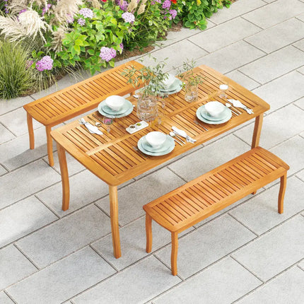 63 inch Outdoor Dining Table with Umbrella Hole Farmhouse Bistro Dinette Furniture - Natural - Patio Dining Tables