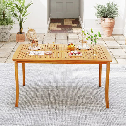 63 inch Outdoor Dining Table with Umbrella Hole Farmhouse Bistro Dinette Furniture - Natural - Patio Dining Tables