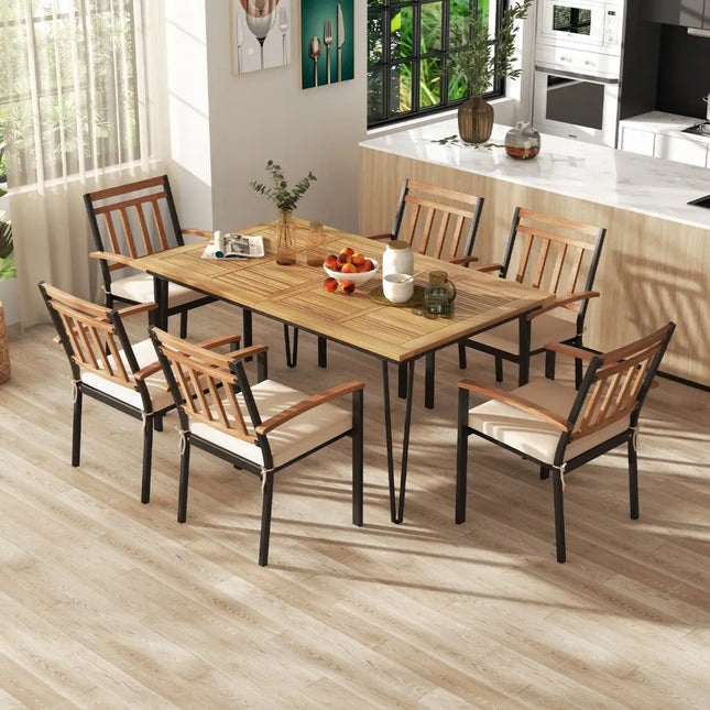 63 Inch Rectangular Outdoor Dining Table for 6 People with Acacia Wood Tabletop and Umbrella Hole-63 inches - Natural &