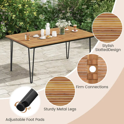 63 Inch Rectangular Outdoor Dining Table for 6 People with Acacia Wood Tabletop and Umbrella Hole-63 inches - Natural &