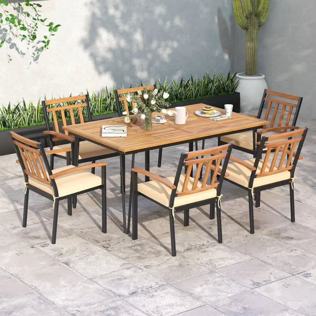 63 Inch Rectangular Outdoor Dining Table for 6 People with Acacia Wood Tabletop and Umbrella Hole-63 inches - Natural &