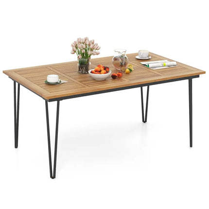 63 Inch Rectangular Outdoor Dining Table for 6 People with Acacia Wood Tabletop and Umbrella Hole-63 inches - Natural &