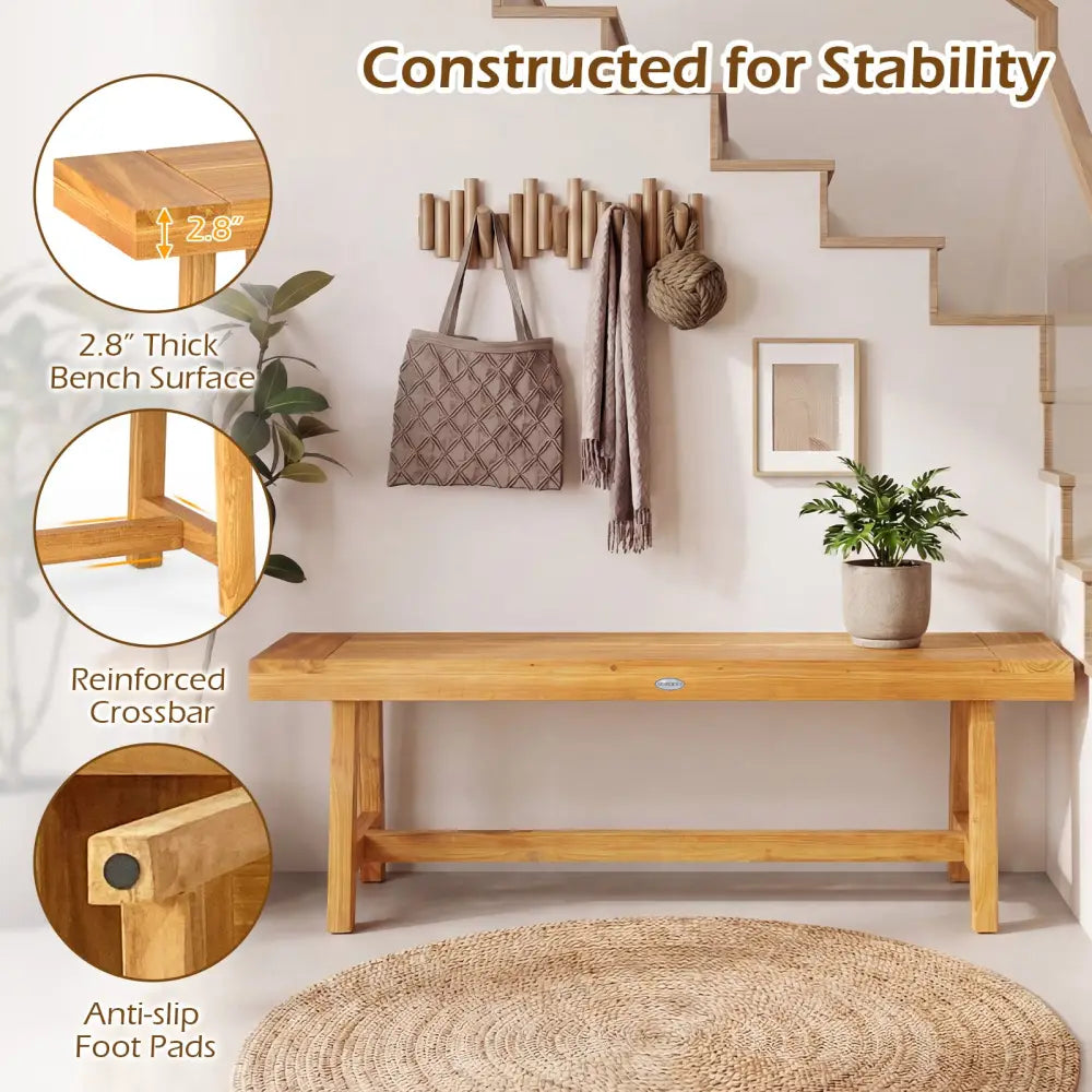 63 Inch Solid Wood Bench for up to 3 People - Natural - Outdoor Benches