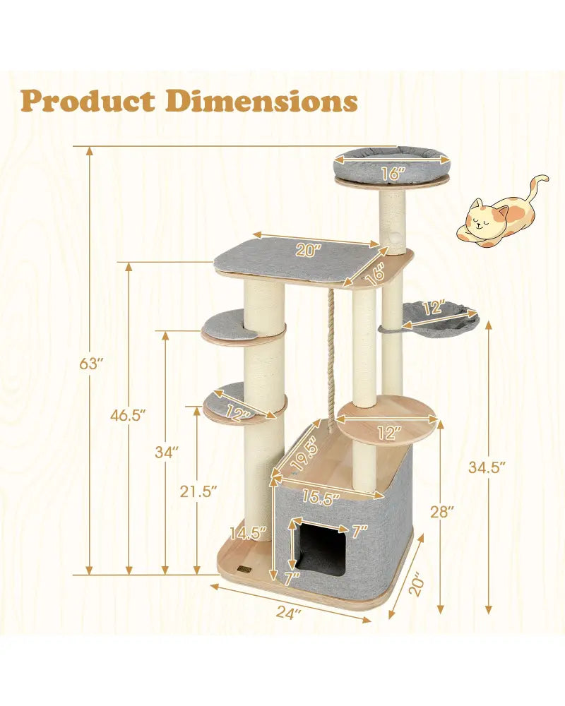 63 Inch Tall Cat Tree Modern Wooden Cat Tower with Perch Condo Hammock-Gray - Gray - Cat Trees Condos & Scratchers