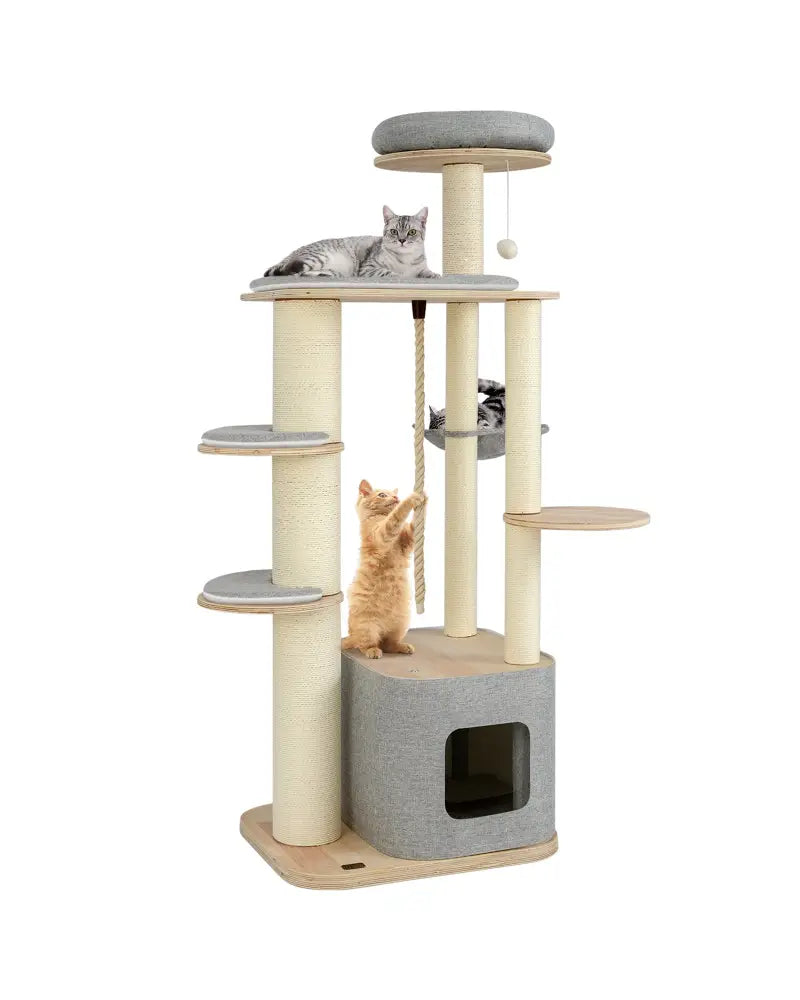 63 Inch Tall Cat Tree Modern Wooden Cat Tower with Perch Condo Hammock-Gray - Gray - Cat Trees Condos & Scratchers
