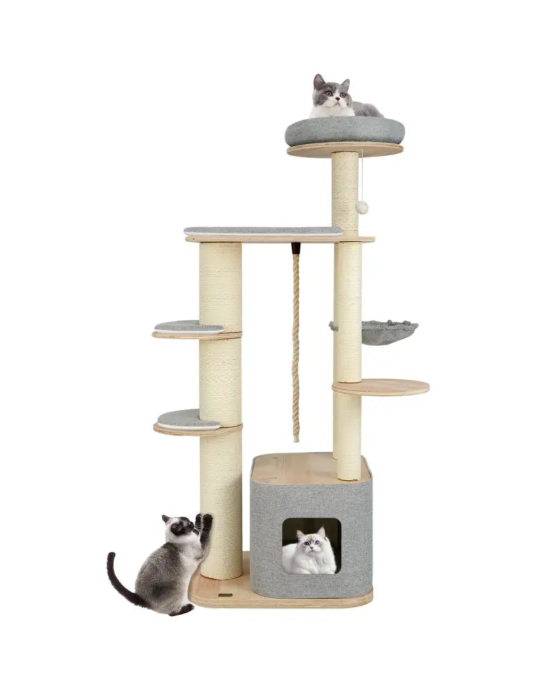 63 Inch Tall Cat Tree Modern Wooden Cat Tower with Perch Condo Hammock-Gray - Gray - Cat Trees Condos & Scratchers