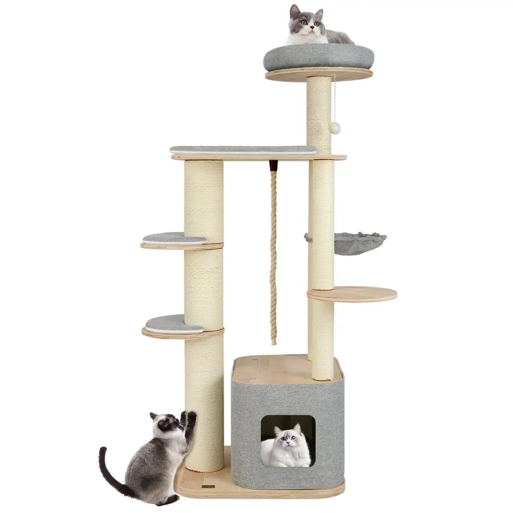 63 Inch Tall Cat Tree Modern Wooden Cat Tower with Perch Condo Hammock-Gray - Gray - Cat Trees Condos & Scratchers