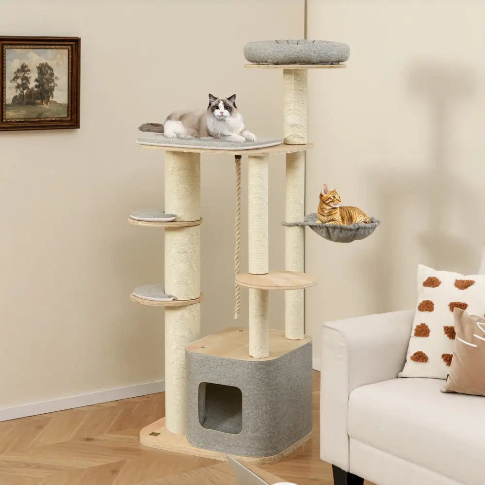 63 Inch Tall Cat Tree Modern Wooden Cat Tower with Perch Condo Hammock-Gray - Gray - Cat Trees Condos & Scratchers