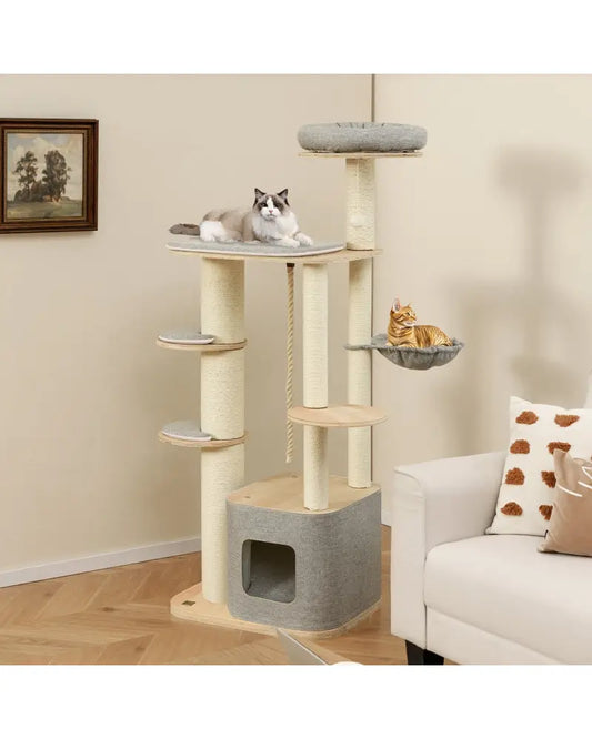 63 Inch Tall Cat Tree Modern Wooden Cat Tower with Perch Condo Hammock-Gray - Gray - Cat Trees Condos & Scratchers