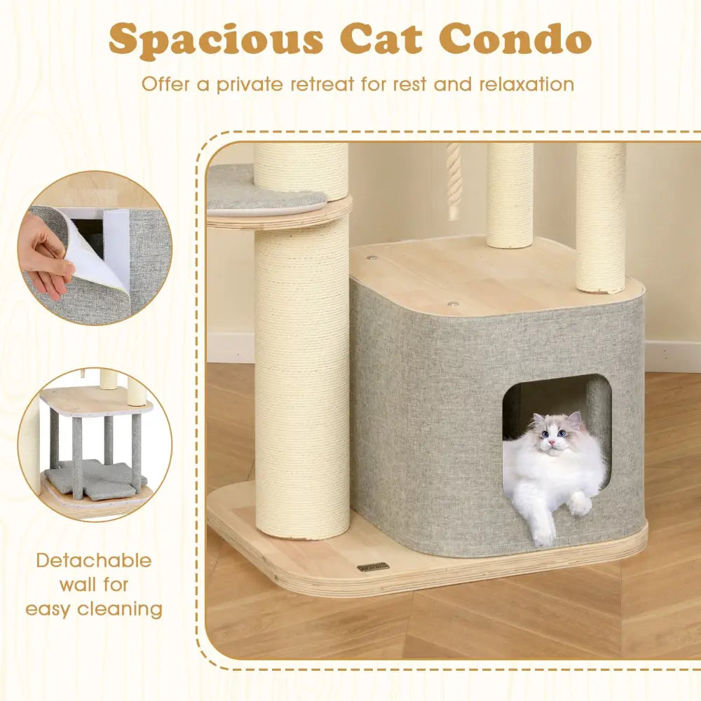63 Inch Tall Cat Tree Modern Wooden Cat Tower with Perch Condo Hammock-Gray - Gray - Cat Trees Condos & Scratchers