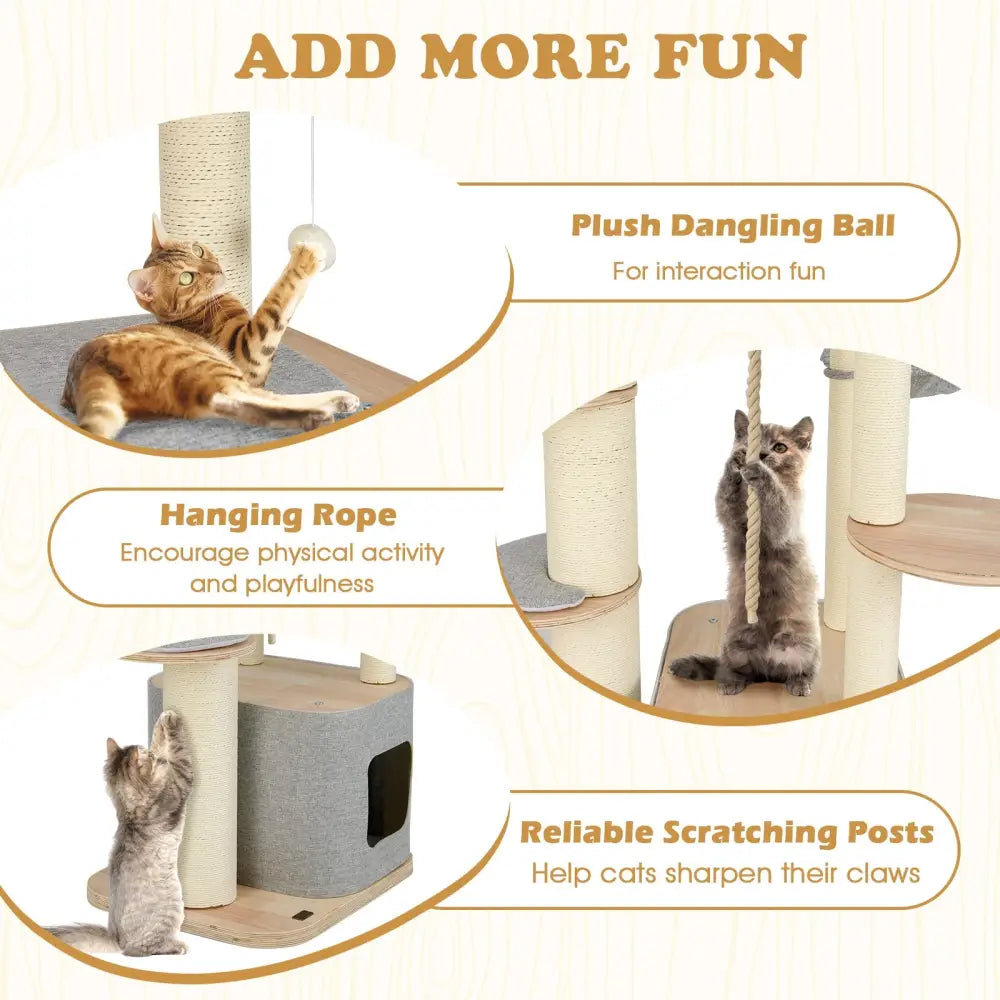 63 Inch Tall Cat Tree Modern Wooden Cat Tower with Perch Condo Hammock-Gray - Gray - Cat Trees Condos & Scratchers
