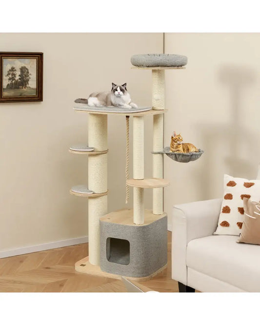 63 Inch Tall Cat Tree Modern Wooden Cat Tower with Perch Condo Hammock-Gray - Gray - Cat Trees Condos & Scratchers