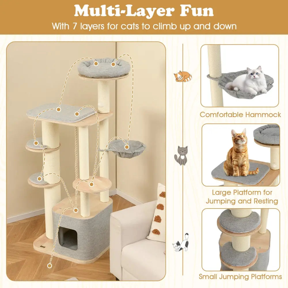 63 Inch Tall Cat Tree Modern Wooden Cat Tower with Perch Condo Hammock-Gray - Gray - Cat Trees Condos & Scratchers