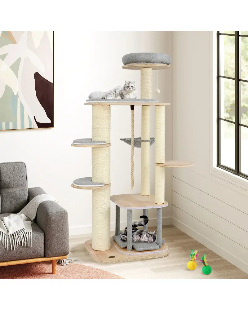 63 Inch Tall Cat Tree Modern Wooden Cat Tower with Perch Condo Hammock-Gray - Gray - Cat Trees Condos & Scratchers