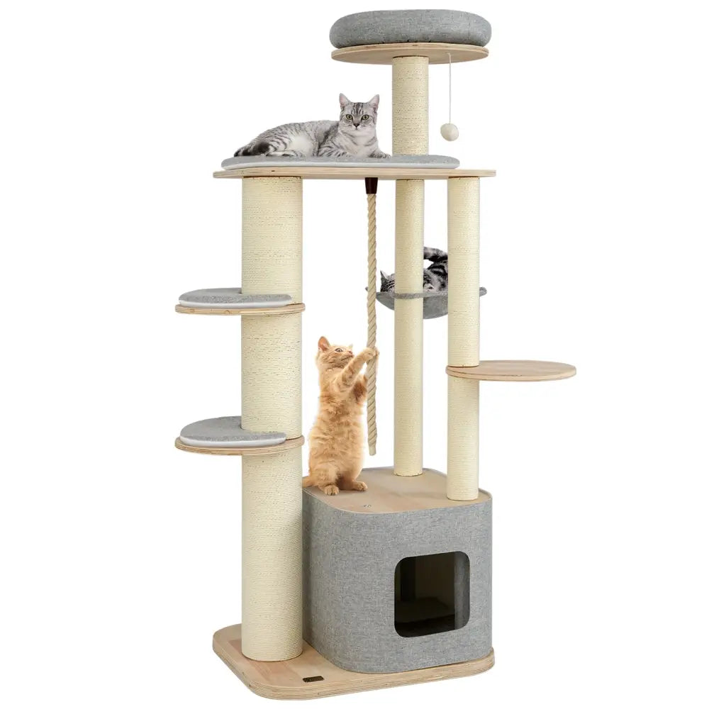 63 Inch Tall Cat Tree Modern Wooden Cat Tower with Perch Condo Hammock-Gray - Gray - Cat Trees Condos & Scratchers