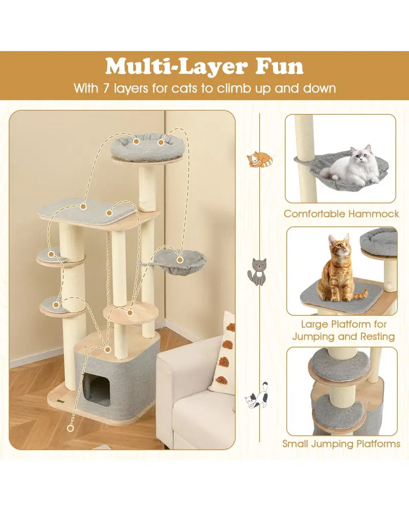 63 Inch Tall Cat Tree Modern Wooden Cat Tower with Perch Condo Hammock-Gray - Gray - Cat Trees Condos & Scratchers