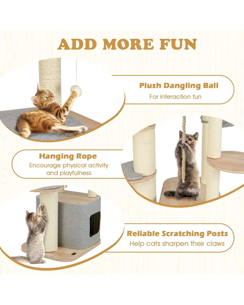 63 Inch Tall Cat Tree Modern Wooden Cat Tower with Perch Condo Hammock-Gray - Gray - Cat Trees Condos & Scratchers