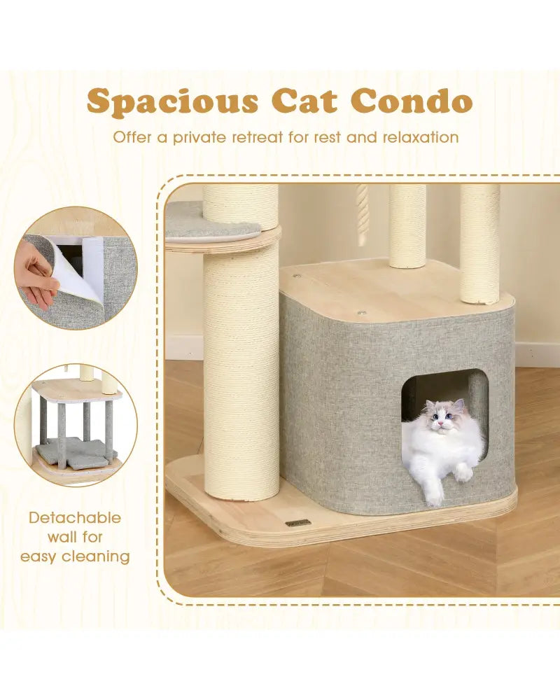 63 Inch Tall Cat Tree Modern Wooden Cat Tower with Perch Condo Hammock-Gray - Gray - Cat Trees Condos & Scratchers