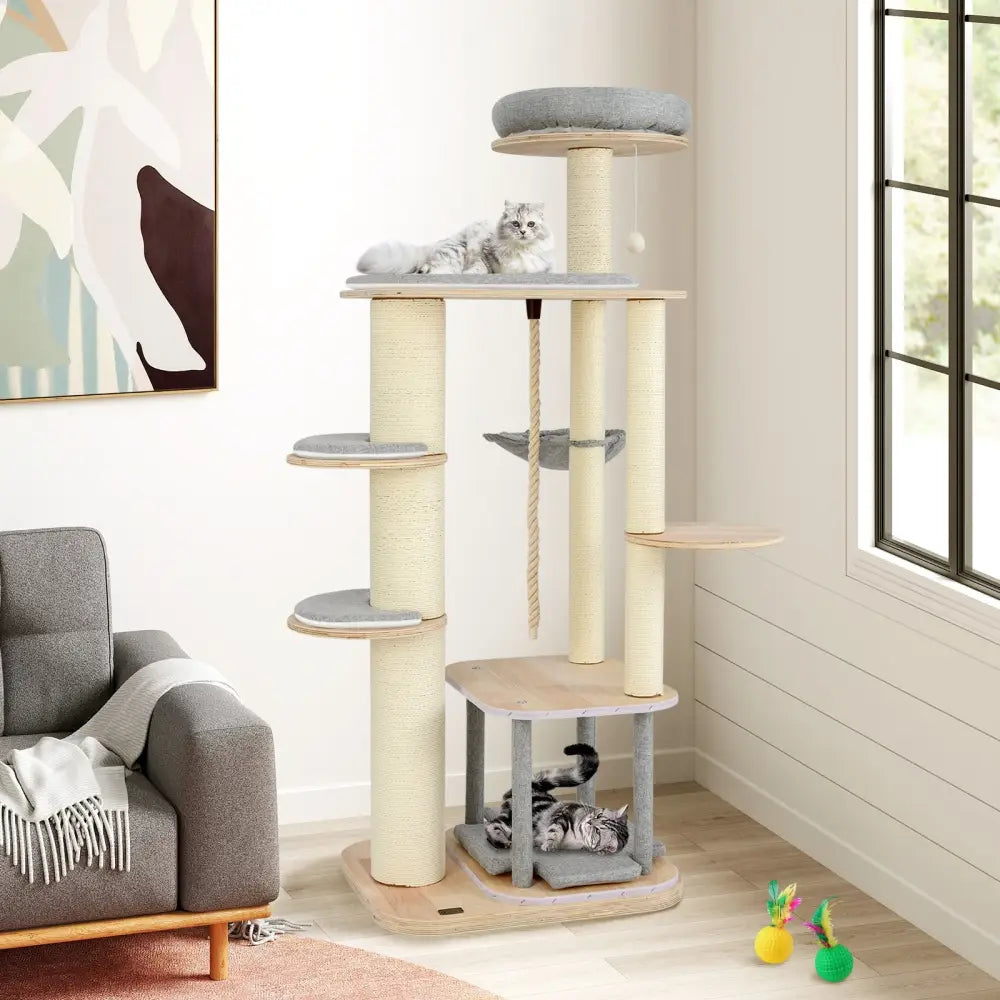 63 Inch Tall Cat Tree Modern Wooden Cat Tower with Perch Condo Hammock-Gray - Gray - Cat Trees Condos & Scratchers