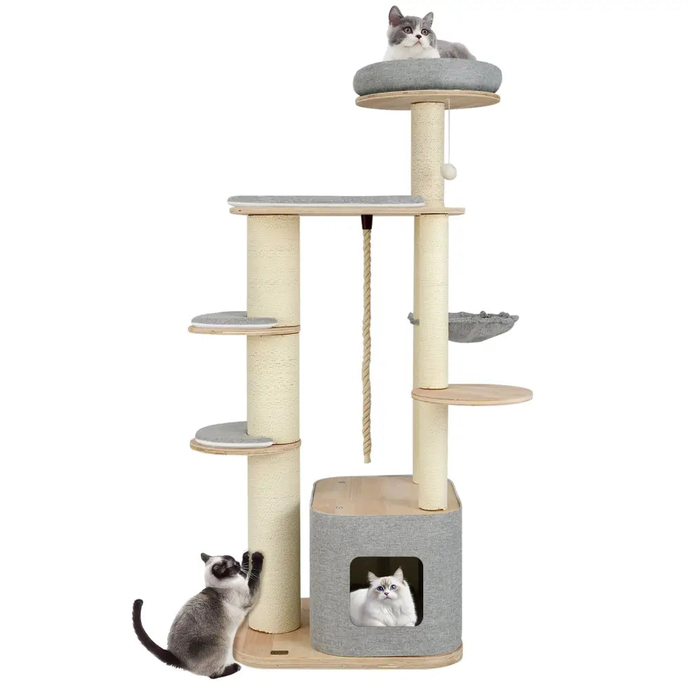 63 Inch Tall Cat Tree Modern Wooden Cat Tower with Perch Condo Hammock-Gray - Gray - Cat Trees Condos & Scratchers