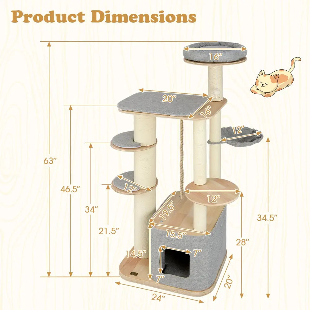 63 Inch Tall Cat Tree Modern Wooden Cat Tower with Perch Condo Hammock-Gray - Gray - Cat Trees Condos & Scratchers