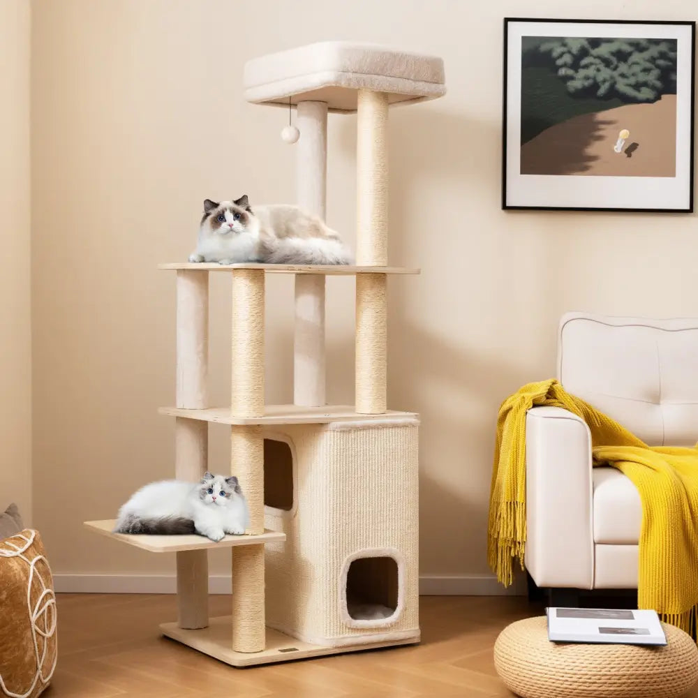 63 Inch Tall Wooden Cat Tree with 2-Story Condo and Plush Padded Top Perch-Natural - Natural - Cat Trees Condos &