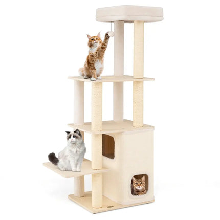 63 Inch Tall Wooden Cat Tree with 2 - Story Condo and Plush Padded Top Perch - Natural - Oasis Home Essentials