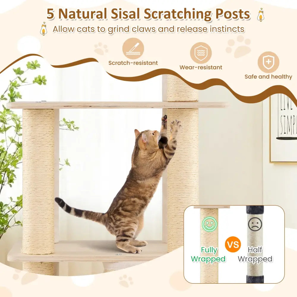63 Inch Tall Wooden Cat Tree with 2-Story Condo and Plush Padded Top Perch-Natural - Natural - Cat Trees Condos &